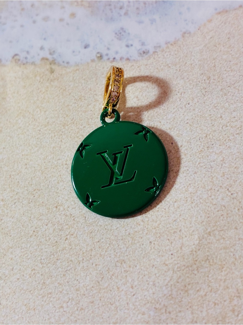 Louis Vuitton Green Enamel Monogram Disc Pendant with Gold Bail